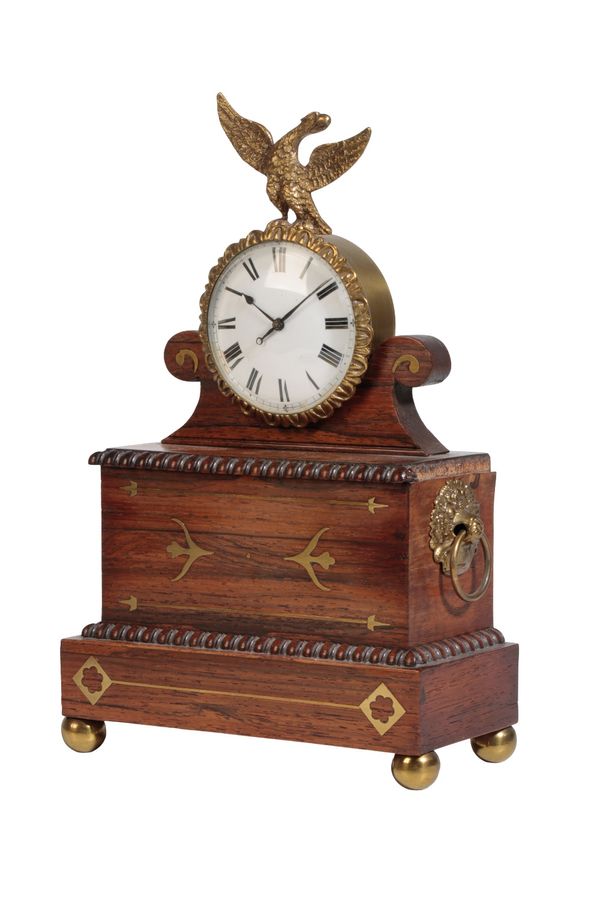 REGENCY ROSEWOOD AND BRASS INLAID MANTLE CLOCK