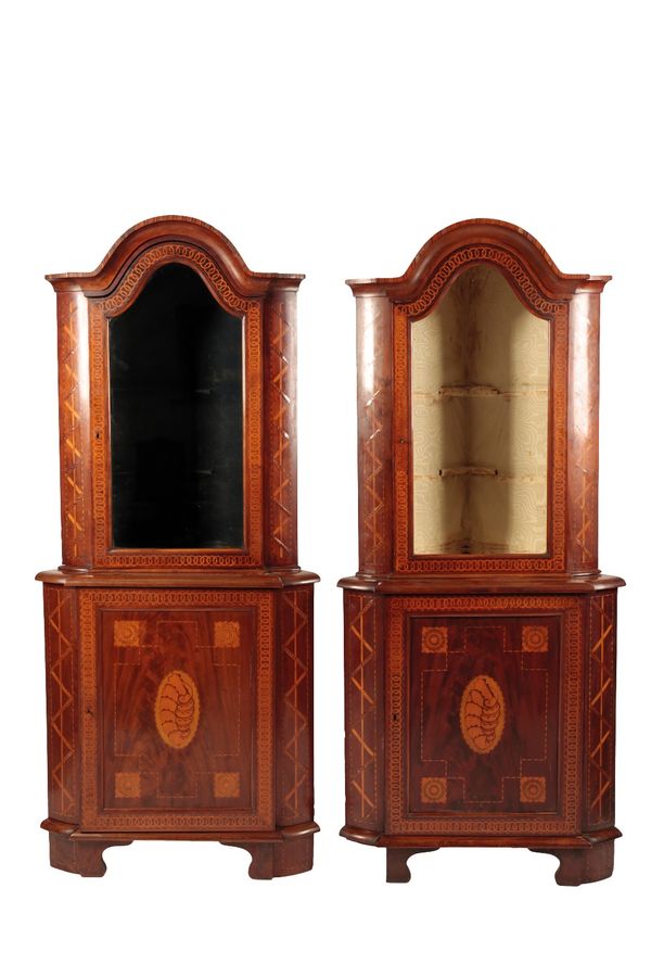 PAIR DUTCH MAHOGANY AND MARQUETRY INLAID CORNER DISPLAY CABINETS