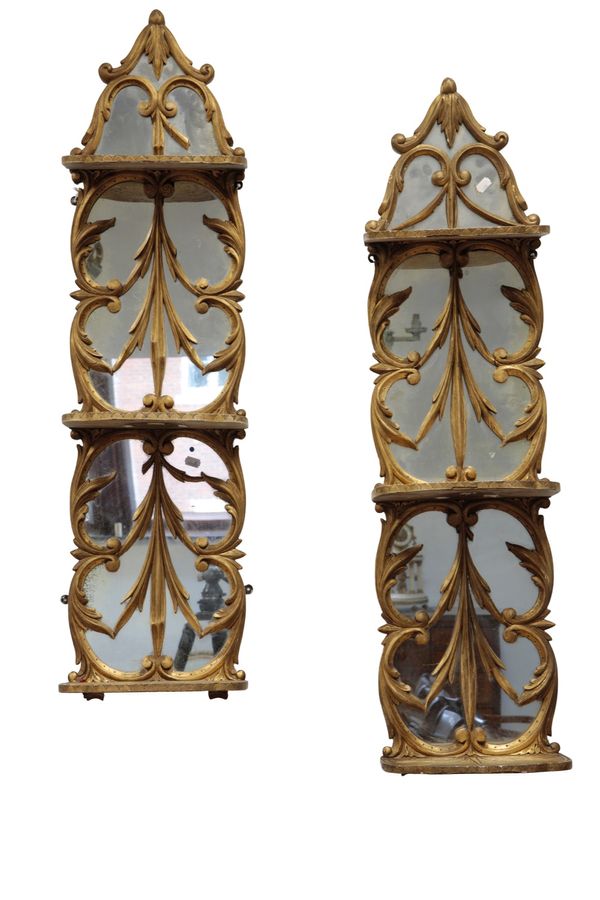 PAIR OF GEORGE III STYLE CARVED GILTWOOD WALL SHELVES