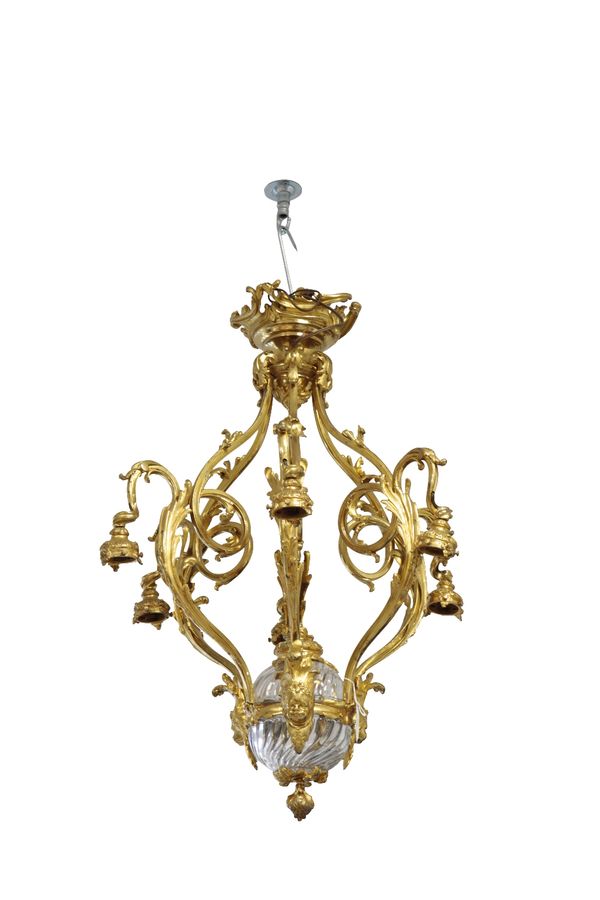 LOUIS XV STYLE GILT BRONZE SIX BRANCH CHANDELIER