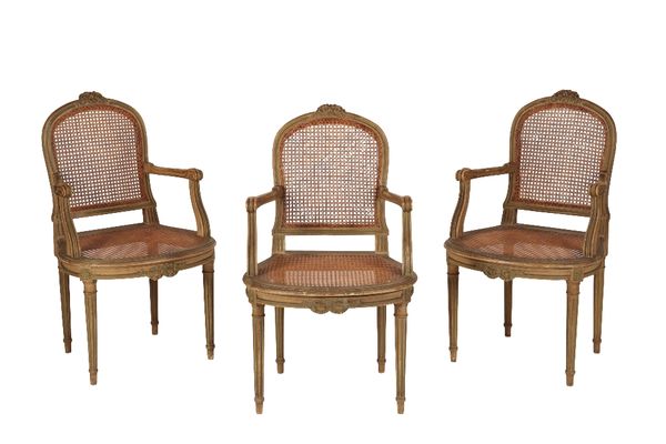 SET EIGHT FRENCH GREY PAINTED ARMCHAIRS