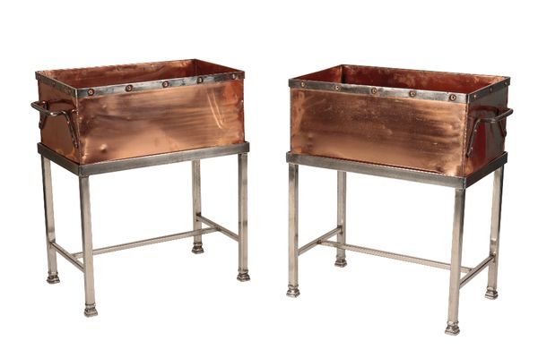 PAIR OF COPPER AND POLISHED STEEL PLANTERS, 20TH CENTURY