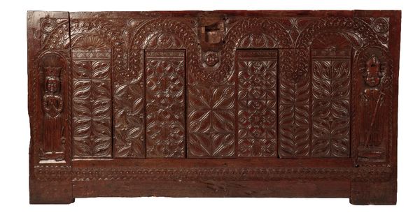 YEW WOOD CARVED COFFER FRONT