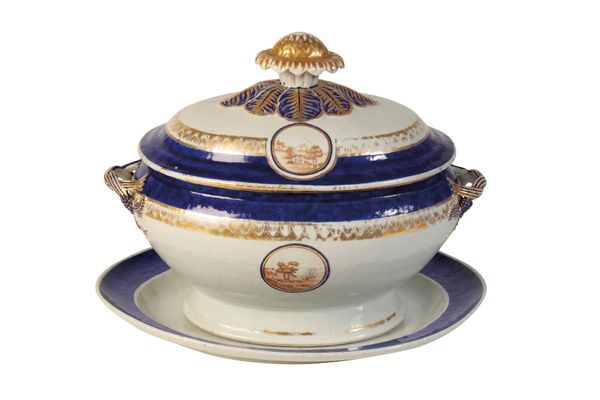 EXPORT BLUE AND WHITE TUREEN, COVER AND STAND