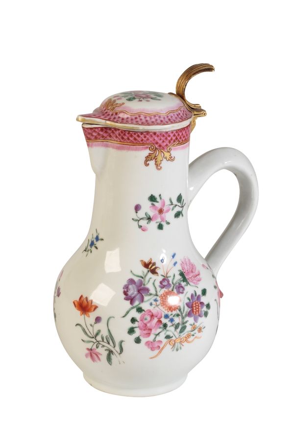 EXPORT FAMILLE ROSE AND GILT-METAL MOUNTED PITCHER