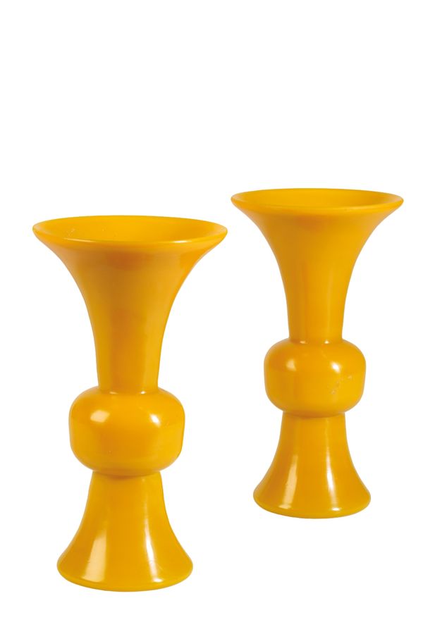 PAIR OF GU-FORM YELLOW GLASS VASE