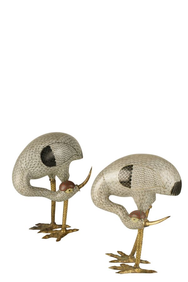 PAIR OF CLOISONNE AND GILT-BRONZE CRANES