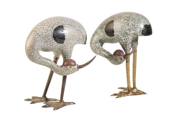 PAIR OF LARGE CLOISONNE FIGURES OF CRANES