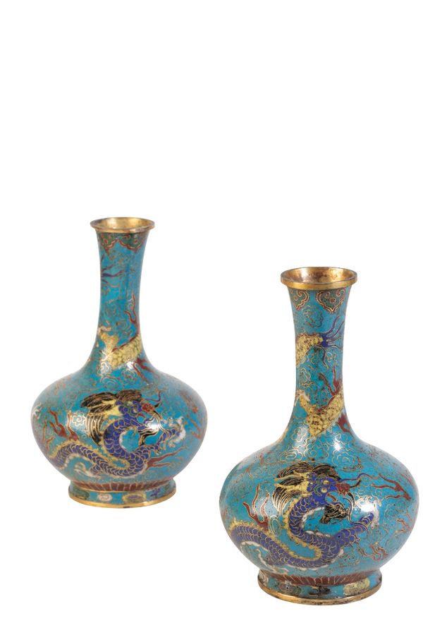 PAIR OF CLOISONNE TURQUOISE-GROUND 'DRAGON' VASES