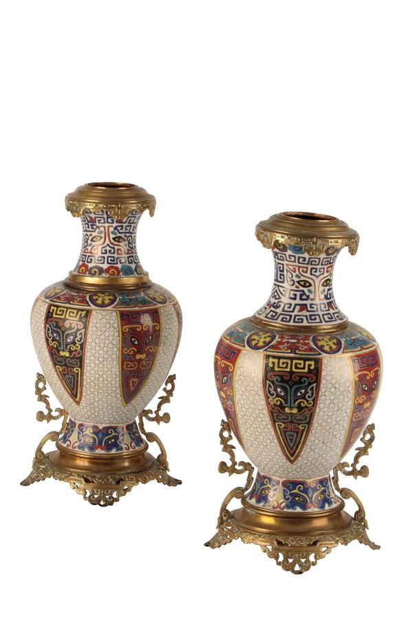 PAIR OF CHINESE CLOISONNE GILT-METAL MOUNTED VASES