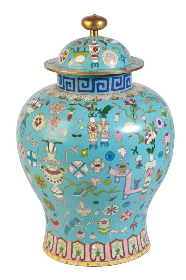 LARGE TURQUOISE-GROUND CLOISONNE JAR AND COVER