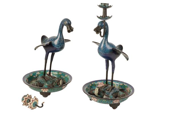 PAIR OF CLOISONNE 'DUCK AND TORTOISE' CANDLESTICKS'