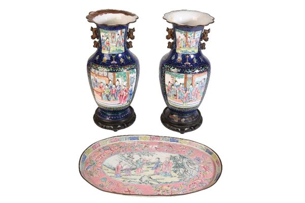 PAIR OF CANTON ENAMEL VASES