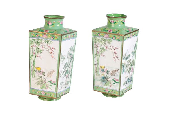 LARGE PAIR OF FAMILLE ROSE CANTON ENAMEL SQUARE-FORM VASES