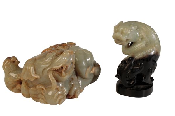 CARVED CELADON AND RUSSET JADE MYTHICAL BEAST