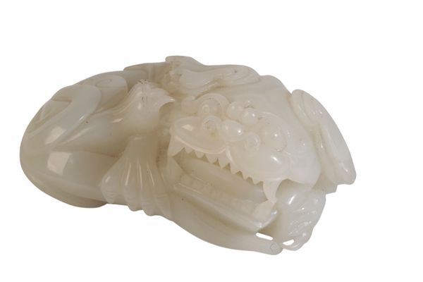 CARVED WHITE JADE FIGURE OF MYTHICAL BEAST