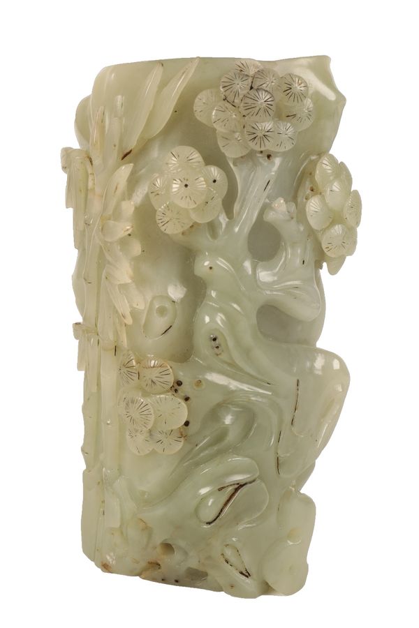 CARVED CELADON JADE BRUSH POT