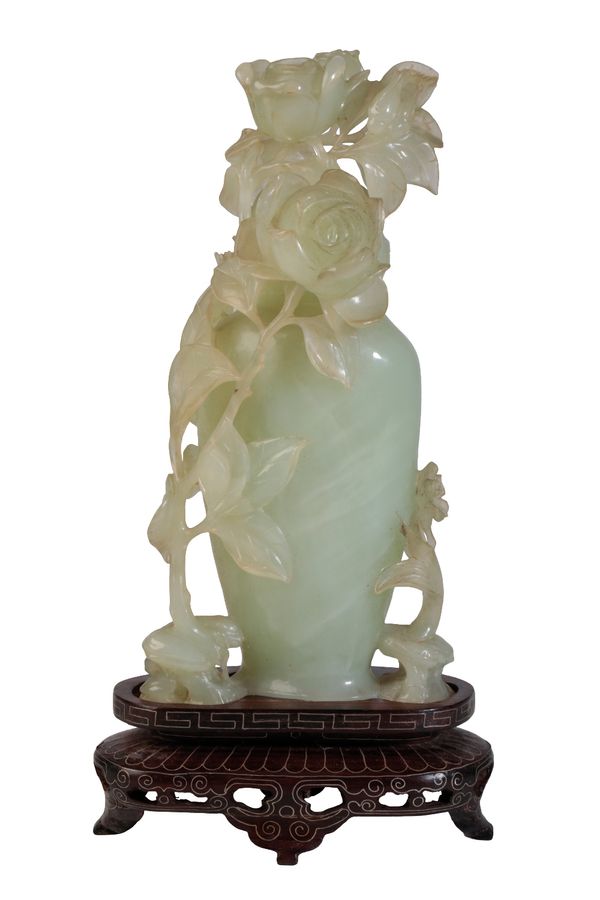 CARVED CELADON JADE VASE AND COVER