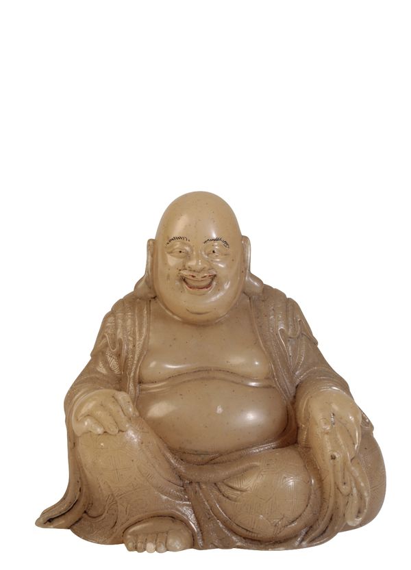 CARVED SOAPSTONE FIGURE OF A LAUGHING BUDDHA