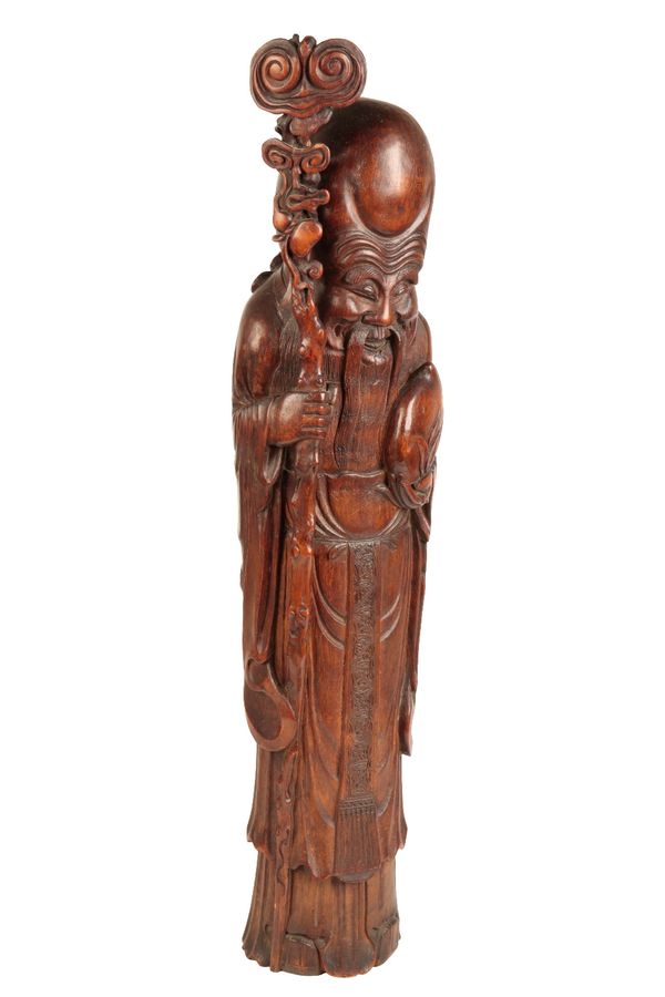 LARGE CARVED BAMBOO FIGURE OF SHOU LAO