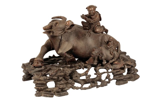 FINE AND LARGE CARVED HARDWOOD BUFFALO GROUP