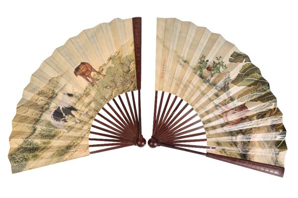 AFTER LANG SHINING (GIUSEPPE CASTIGLIONE), (ITALIAN 1688-1766), FINE PAIR OF CASED FAN PAINTINGS