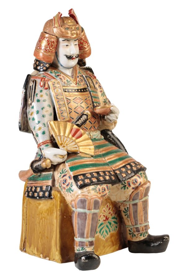 JAPANESE SATSUMA FIGURE, MEIJI PERIOD, modelled as a seated samurai warrior