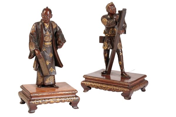 PAIR OF JAPANESE BRONZE MIXED METAL FIGURES