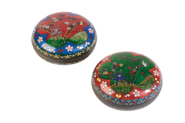 TWO SMALL JAPANESE CLOISONNE CIRCULAR BOXES AND COVERS