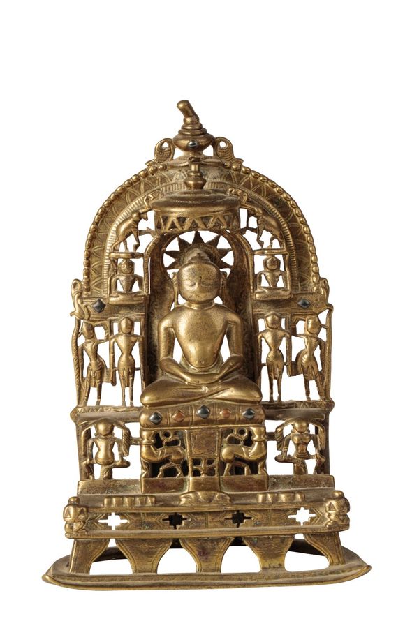 INDIAN SILVER-INLAID AND COPPER ALLOY FIGURE OF A SEATED JAIN TIRTHANKARA