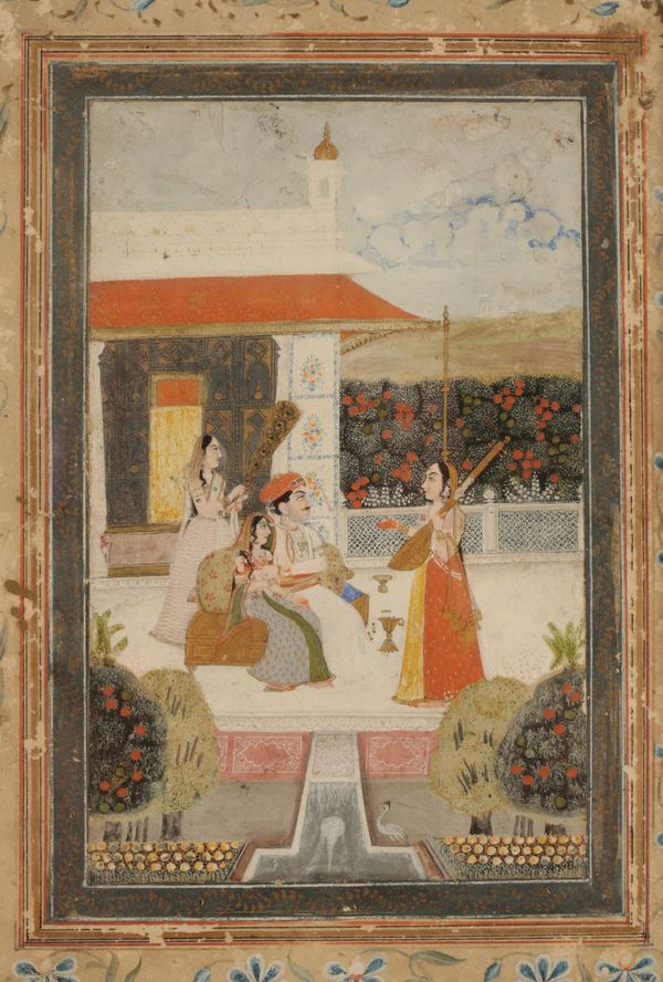 INDIAN SCHOOL, 19TH CENTURY, painted with elegant figures with a musician and attendants