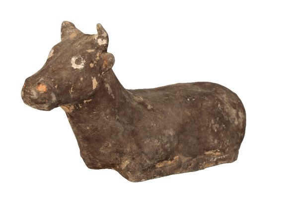 RARE PAINTED POTTERY FIGURE OF A BULL