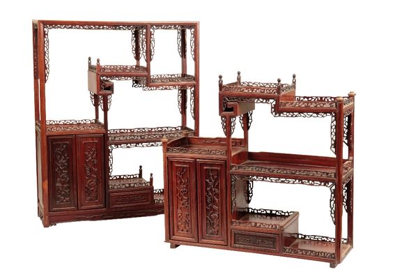 TWO CARVED HARDWOOD HANGING DISPLAY STANDS