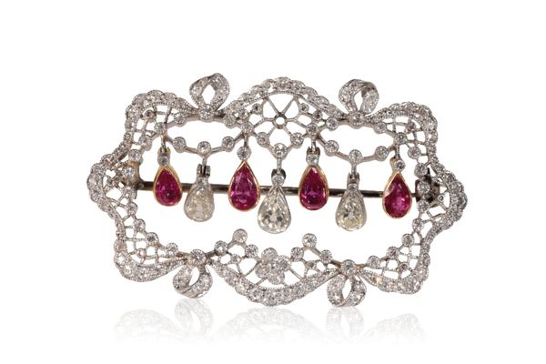 DIAMOND AND RUBY PLAQUE BROOCH