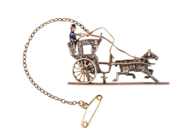 DIAMOND AND ENAMEL HORSE DRAWN CARRIAGE NOVELTY BROOCH