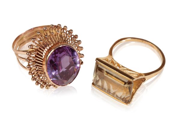 AMETHYST DRESS RING AND ONE OTHER "SMOKEY QUARTZ RING"