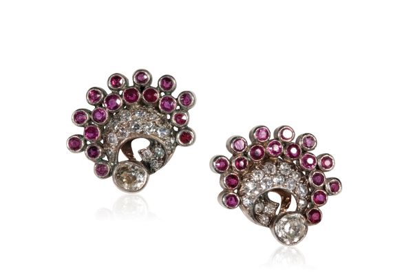 PAIR OF DIAMOND AND RUBY EAR CLIPS