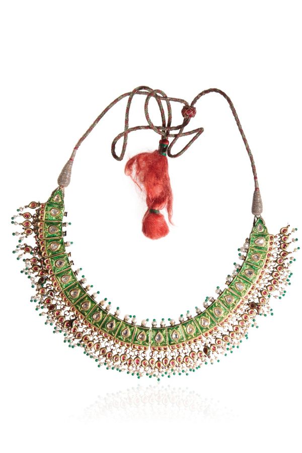 INDIAN ENAMEL NECKLACE SET WITH DIAMONDS, RUBIES, EMERALDS AND SEED PEARLS