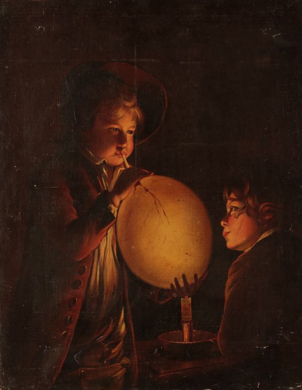 MANNER OF JOSEPH WRIGHT OF DERBY (1734-1797) Two boys blowing up a pig bladder balloon