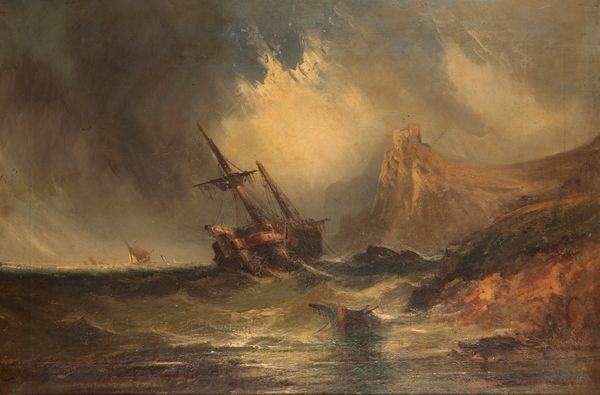 ENGLISH SCHOOL, 19TH CENTURY Wrecked ship in rough seas along the coast