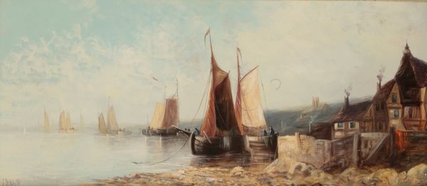 J. BAGE (19TH/20TH CENTURY) Sailing barges moored beside cottages