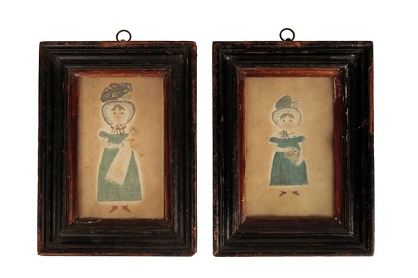 NAIVE SCHOOL, 19TH CENTURY Pair of studies of young girls in dresses and bonnets