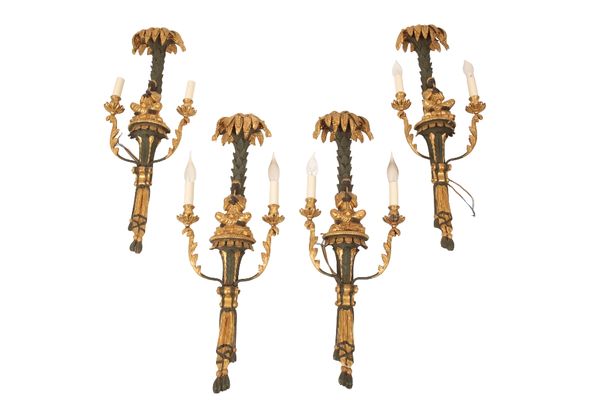 SET OF FOUR CARVED PAINTED-GILTWOOD AND GESSO WALL SCONCES