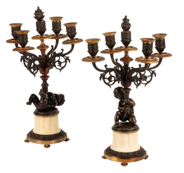 PAIR OF LOUIS XVI STYLE BRONZE AND MARBLE CANDELABRA