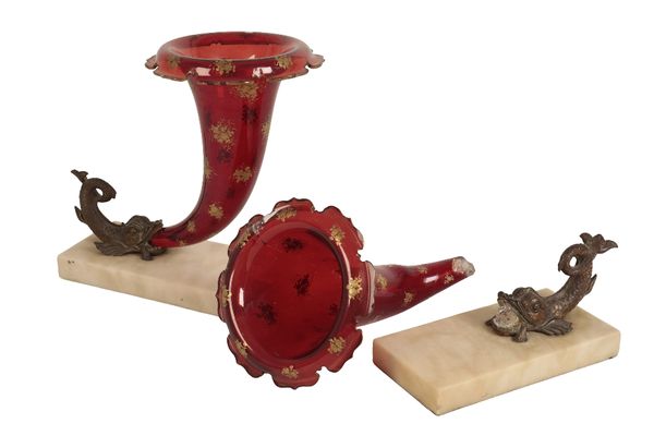 PAIR OF BOHEMIAN GLASS, BRONZE AND MARBLE CORNUCOPIA VASES