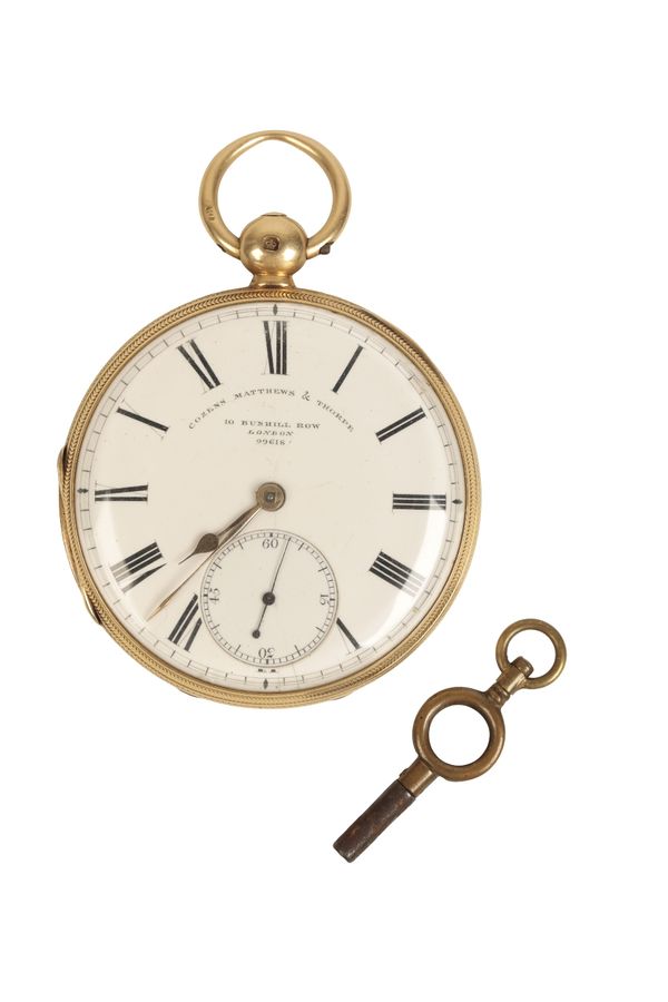 COZENS MATTHEWS AND THORP OF LONDON: AN 18CT GOLD OPEN-FACED POCKET WATCH