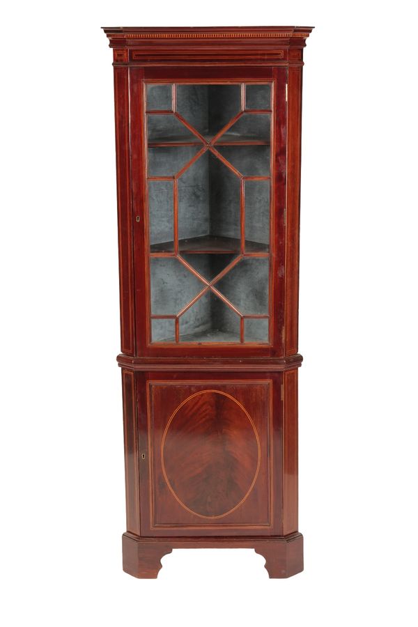 EDWARDIAN MAHOGANY AND LINE INLAID CORNER CABINET