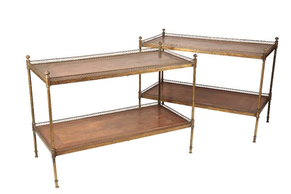 PAIR OF BRASS AND WALNUT TWO TIER ETAGERES