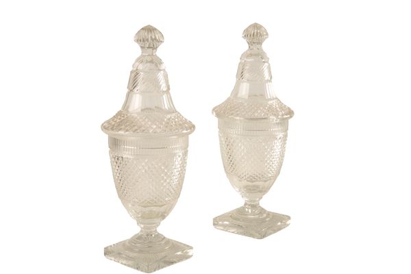 PAIR OF CUT GLASS COVERED URNS