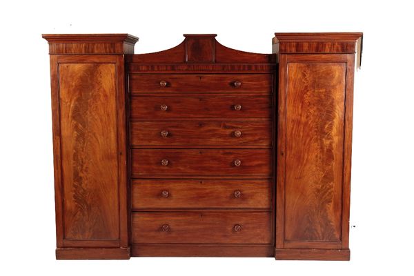 WILLIAM IV FLAME MAHOGANY GENTLEMAN'S BREAKFRONT WARDROBE